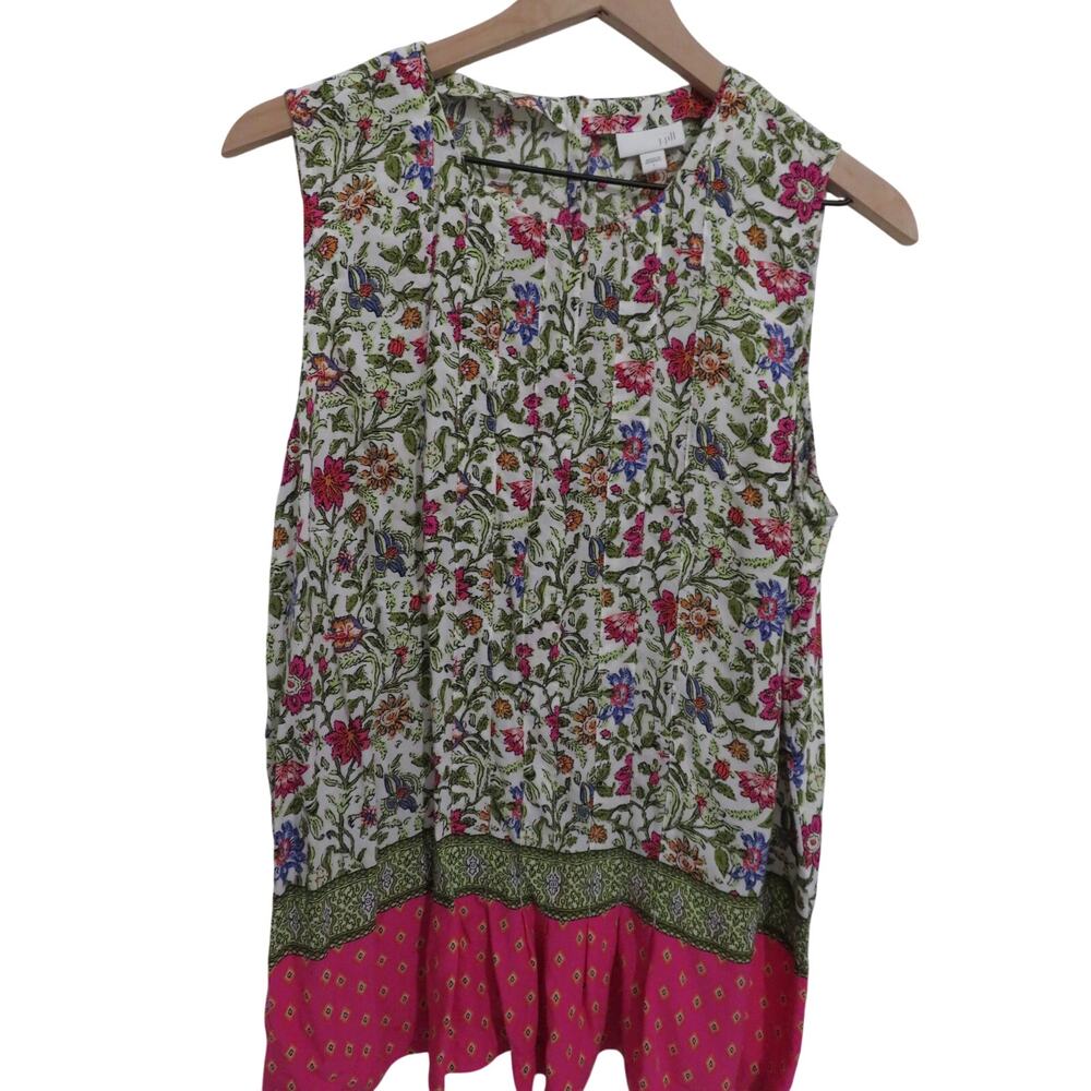 J.Jill Women Sz L Floral Print Sleeveless Tunic Top Pink Green Boho Feminine
